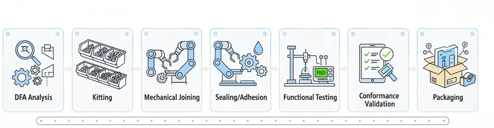 assembly services work flow from DFA Analysis, Kitting, Mechanical Joining, Sealing, Functional Testing, Conformance Validation and Packaging