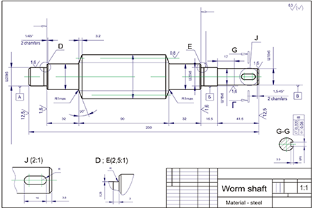 A technical drawing of a worm shaft includes various dimensions, tolerances and material specifications.