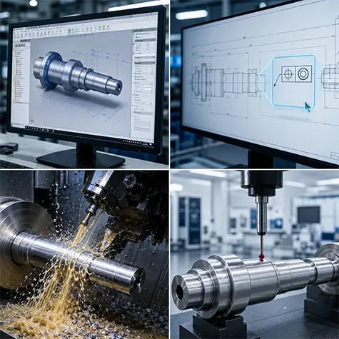 A four-stage workflow showing secure CAD upload configuration, engineer DFM review, live multi-axis mill-turn machining, and high-precision CMM quality inspection for turned parts.