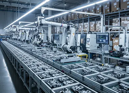 Production engineer overseeing a fully automated assembly line with trays of identical metal and plastic components, representing Clarwe’s engineer‑led high‑volume production with tight tolerances, 99.4% yields, and 1M+ unit scalability. 