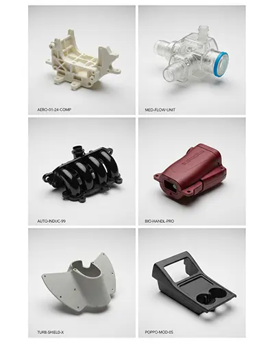 display of injection molded parts used in aerospace, medical and automotive industries