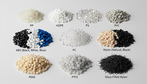 Grid of different colored plastic pellets used in injection molding, including PP, ABS, PC, Nylon, PEEK and PTFE raw materials organized by type.