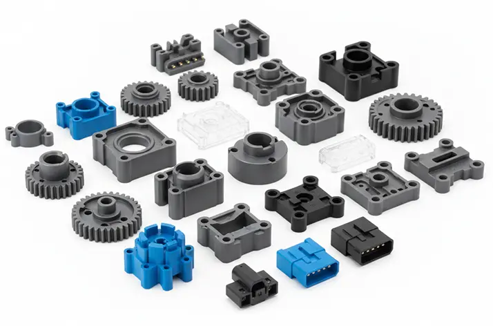 Injection molded production parts of different colors