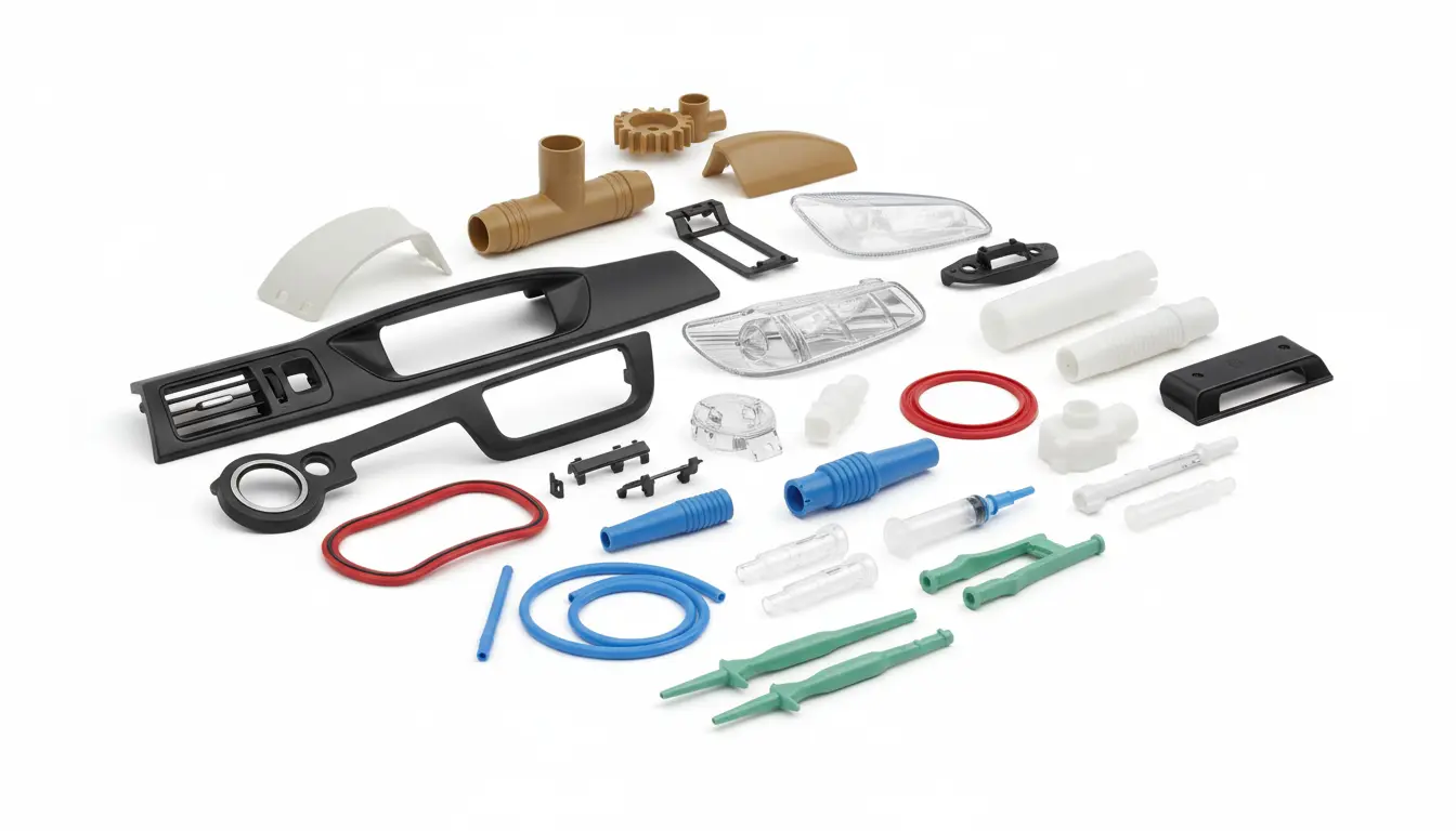 Assorted custom plastic components produced by different plastic fabrication methods