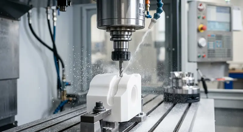 Close-up of diamond tool machining a white ceramic component on a high-precision CNC machine