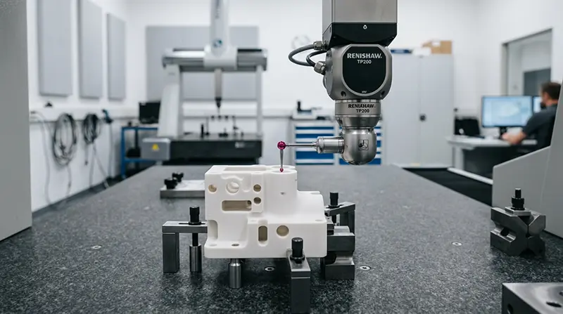 Coordinate measuring machine inspecting a precision ceramic component for dimensional accuracy and surface finish