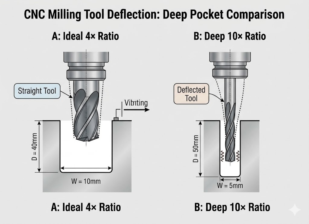 Side-by-side diagram illustrating CNC milling tool deflection and chatter in a deep pocket versus a stable straight tool in an ideal 4x ratio pocket