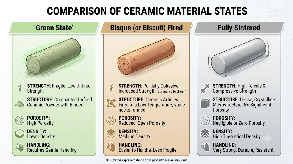 comparision of green state, bisque and fully sintered material states