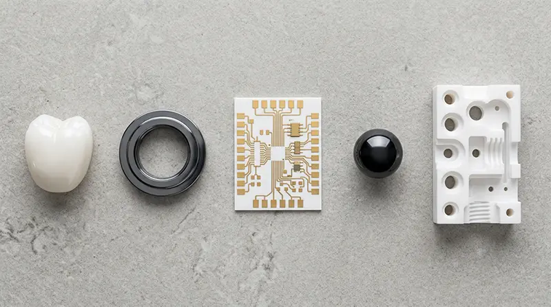 Finished ceramic components including white zirconia dental crown, dark silicon carbide seal, alumina substrate, and machinable glass ceramic prototype