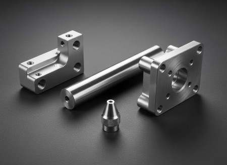 Precision CNC-machined stainless steel parts including shaft, manifold, and bracket