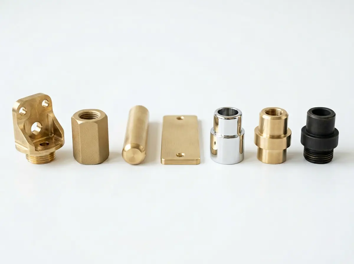 display of brass cnc machined parts with various surface treatments